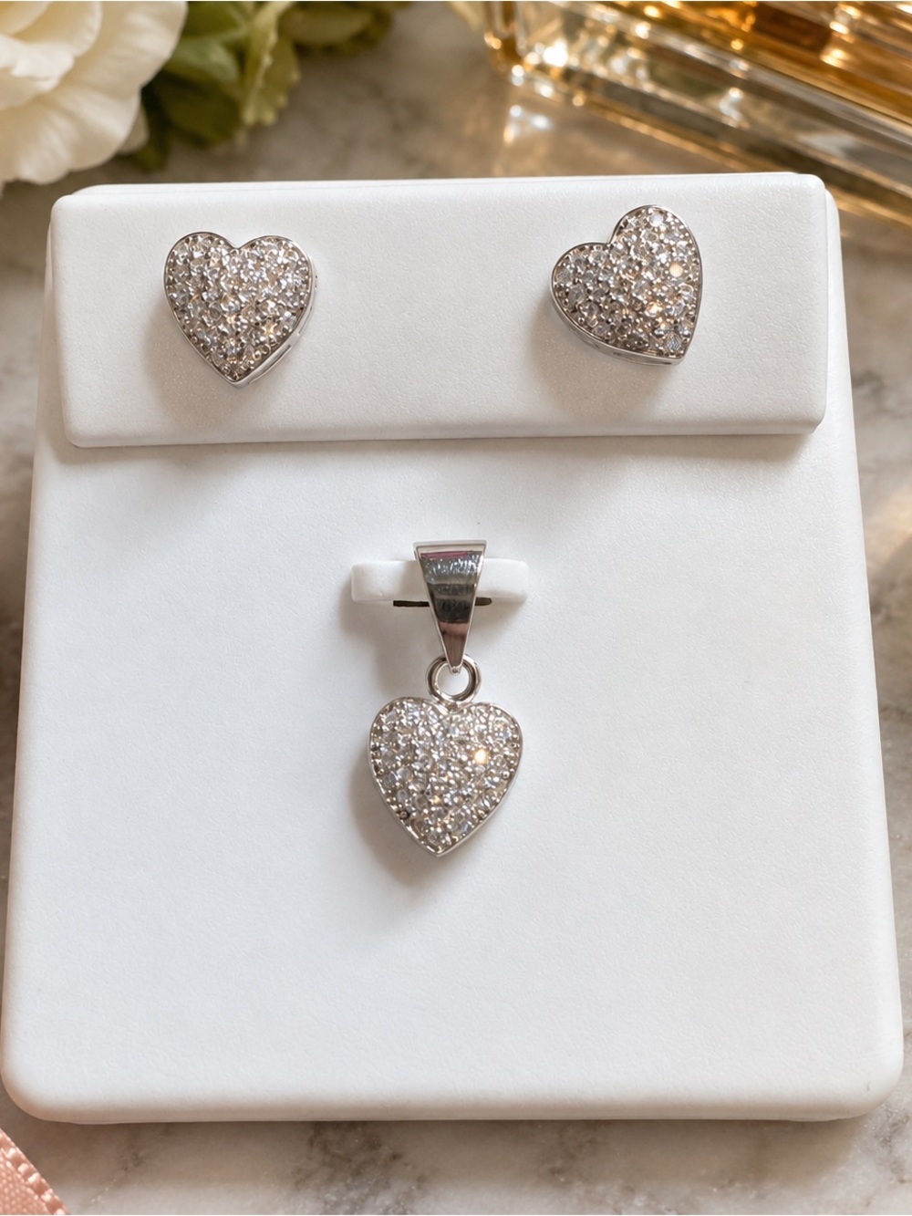 Solid Sterling Silver Heart Pavé Moissanite Pendant and Stud Earring Set